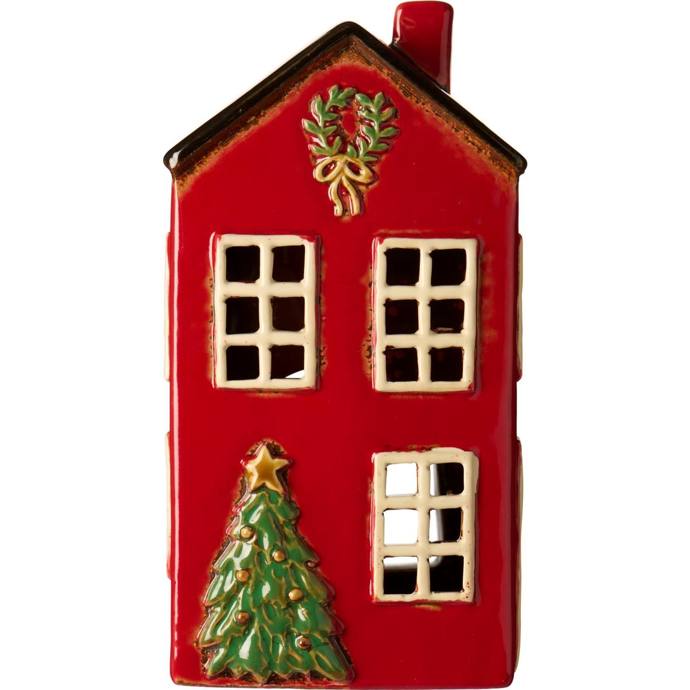 Casetta rossa porta tealight con albero di Natale h 20 cm