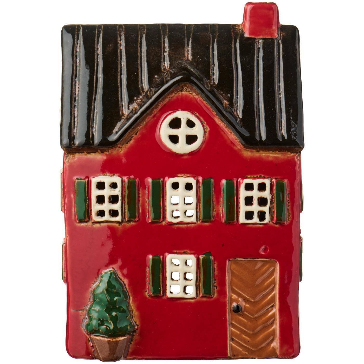 Casetta porta tealight con pino e scuri verdi h 18,5x12,3x9 cm