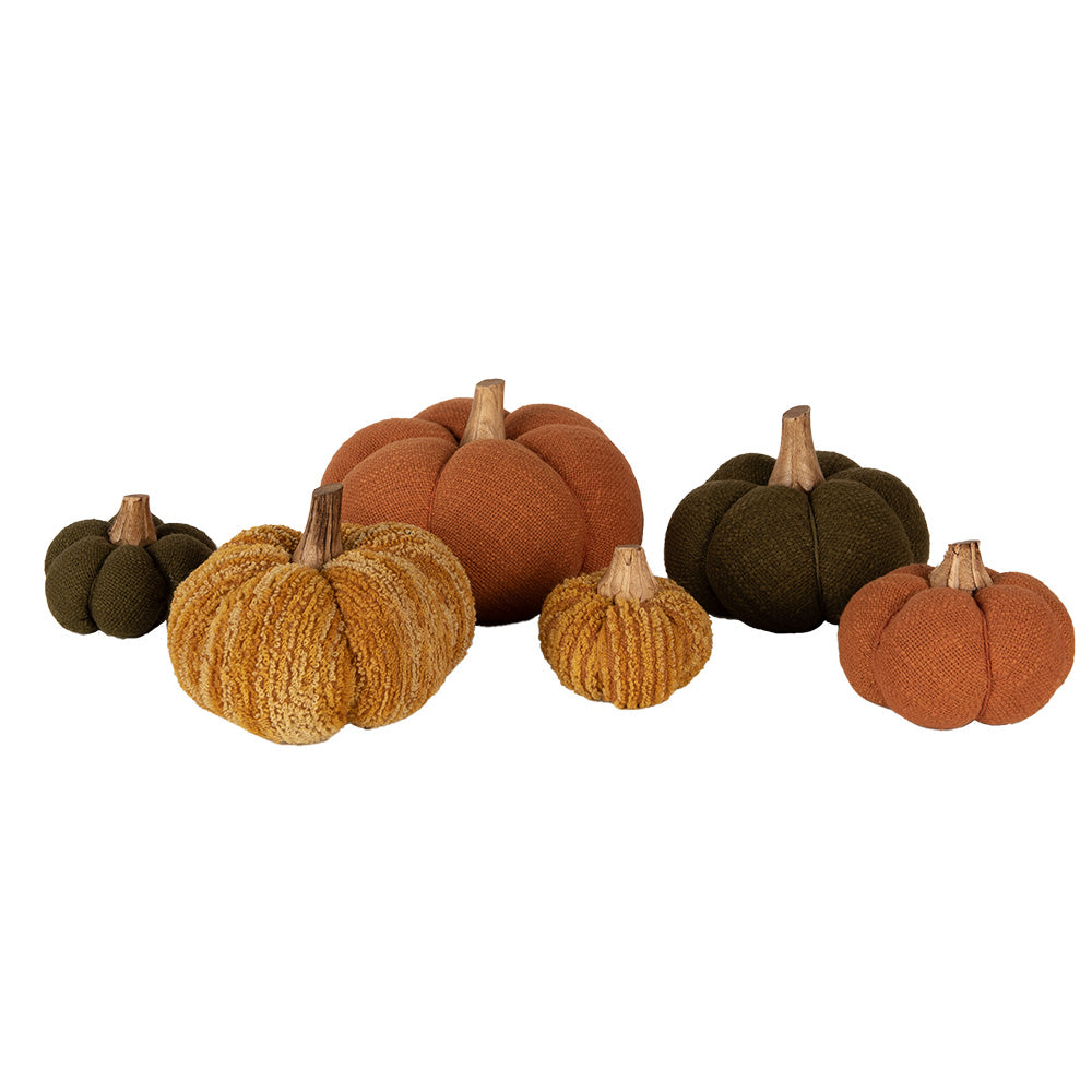 Zucca giallo-arancio in tessuti bucle 9x8 cm con picciolo in legno