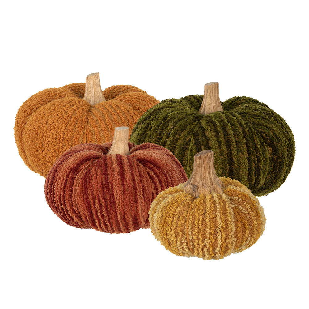 Zucca giallo-arancio in tessuto bucle 15x12 cm con picciolo in legno