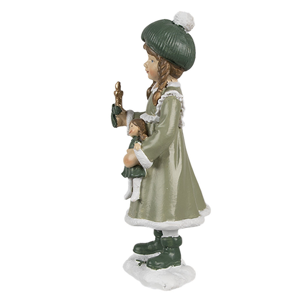 Statua Bambina con abito verde e bambola h 13x5x5 cm