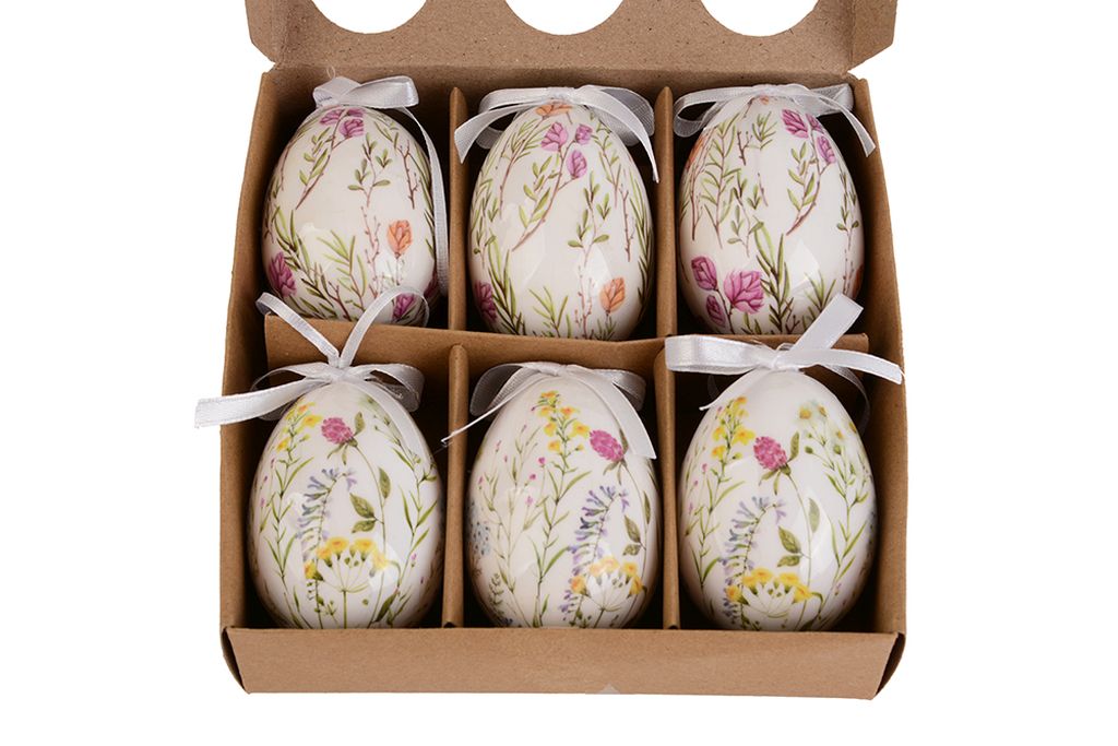 Uova pasquali decorative da appendere, fiori azzurri e rosa, se di 2 pz, 5x7 cm