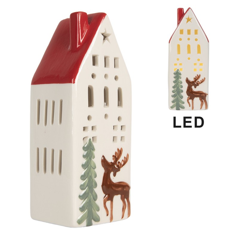 Casetta in ceramica bianca con cervo e pino, luce led, h 19 cm