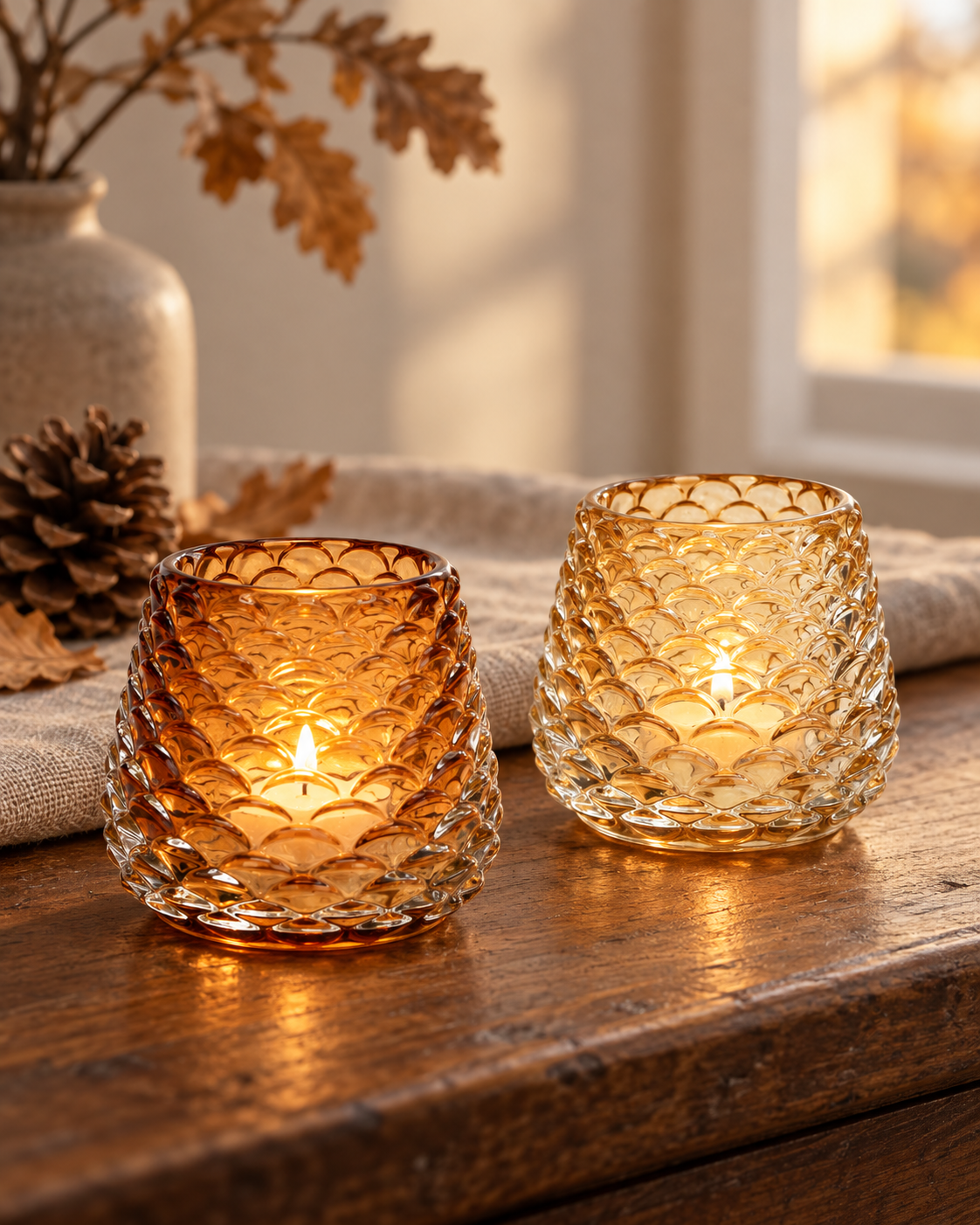 Bicchiere porta tealight, 2 VARIANTI, a forma di pigna, 7x7x7 cm