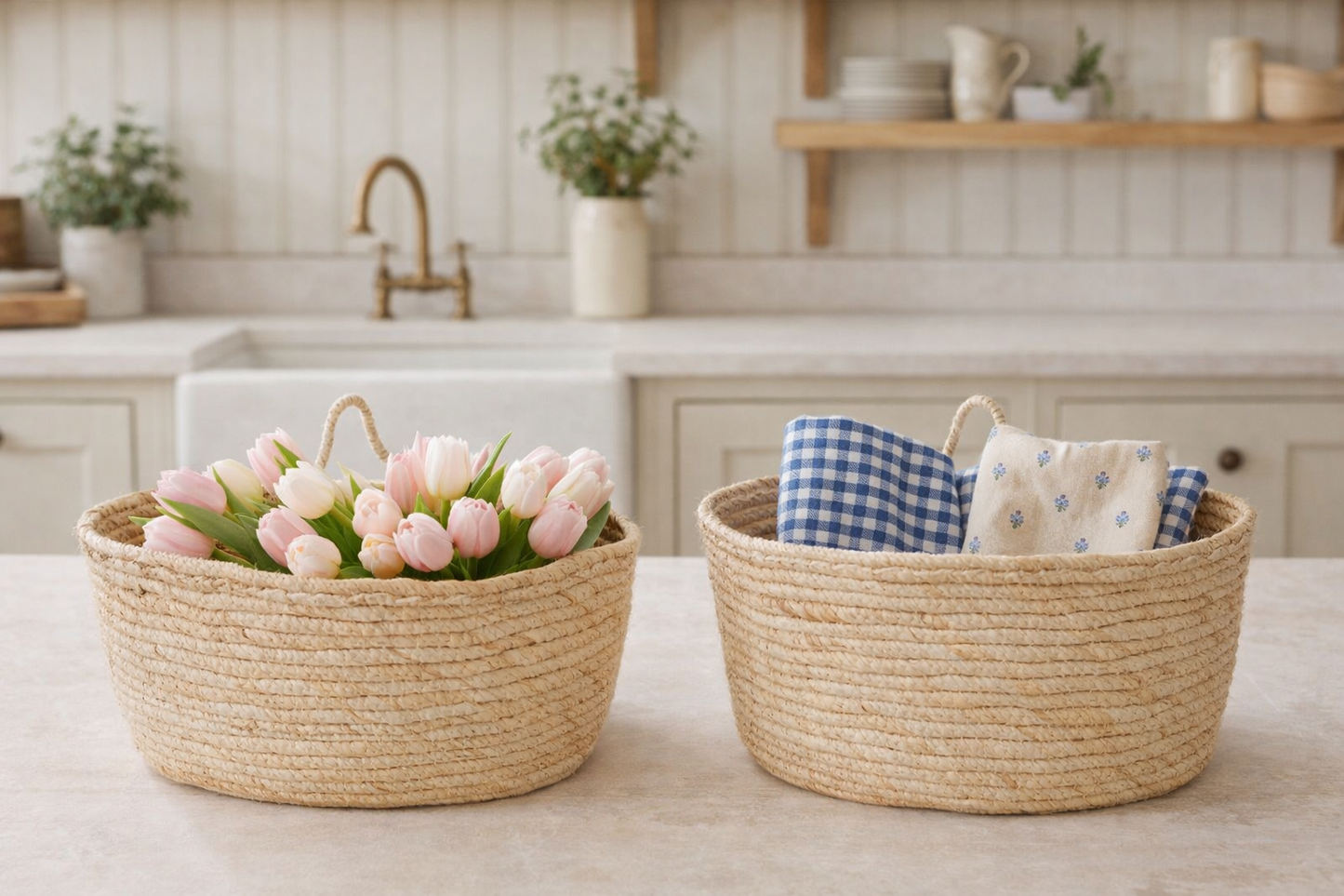 Cestini con un manico, in fibra naturale (mais) set di  2 misure: L: 31 A: 19 P: 22 e L: 28 A: 17 P: 19