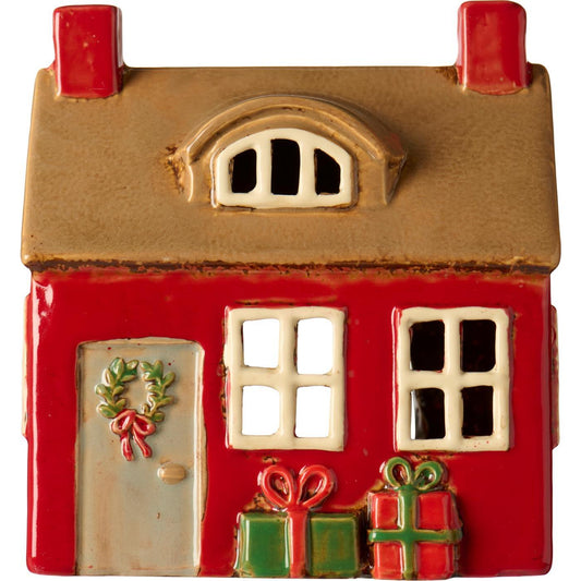 Casetta porta tealight con ghirlanda sulla porta e regali h 14 cm