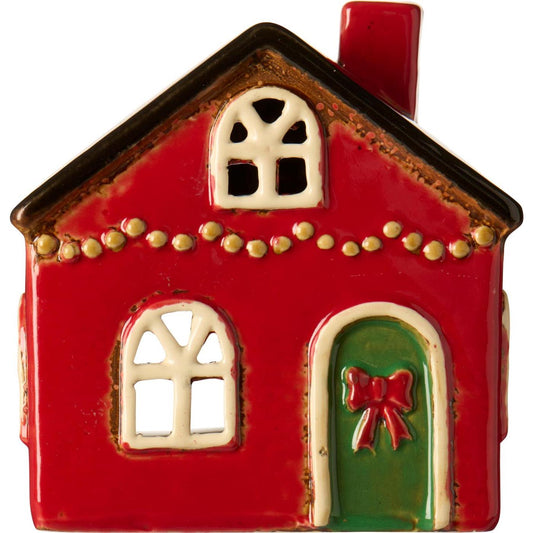 Casetta rossa porta tealight con porta verde con fiocco h 10,5 cm