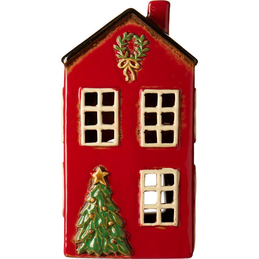 Casetta rossa porta tealight con albero di Natale h 20 cm