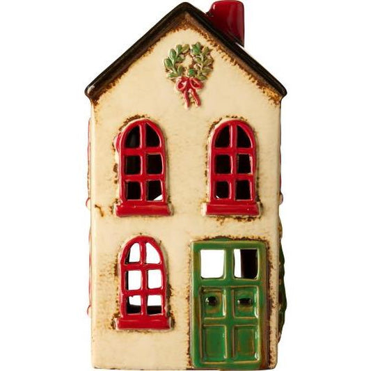 Casetta crema con porta verde e ghirlanda in cima, porta tealight h 19 cm