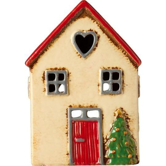 Casetta crema con tetto rosso e albero di Natale davanti alla casa, porta tealight h 14 cm