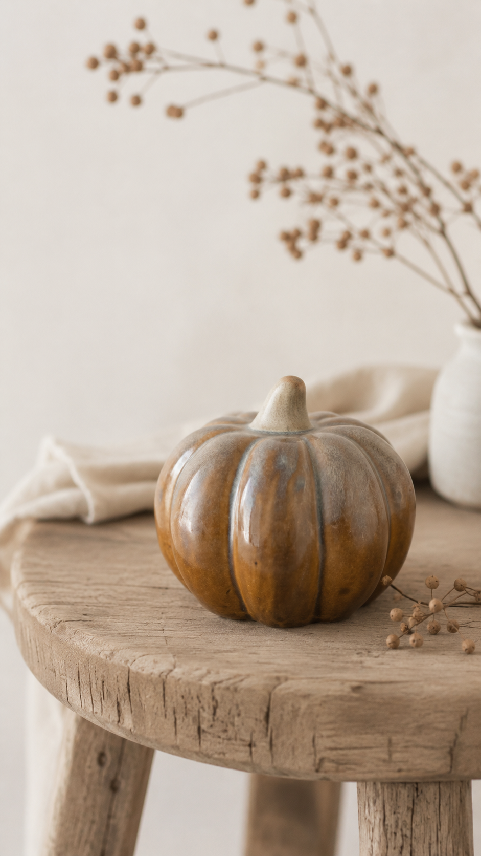 Zucca decorativa in ceramica color beige/arancio h 9 cm, ø 10 cm