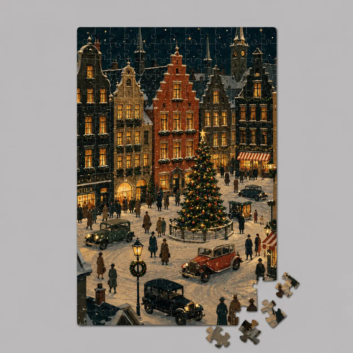 Puzzle in legno, Piazza natalizia innevata, 100 pz