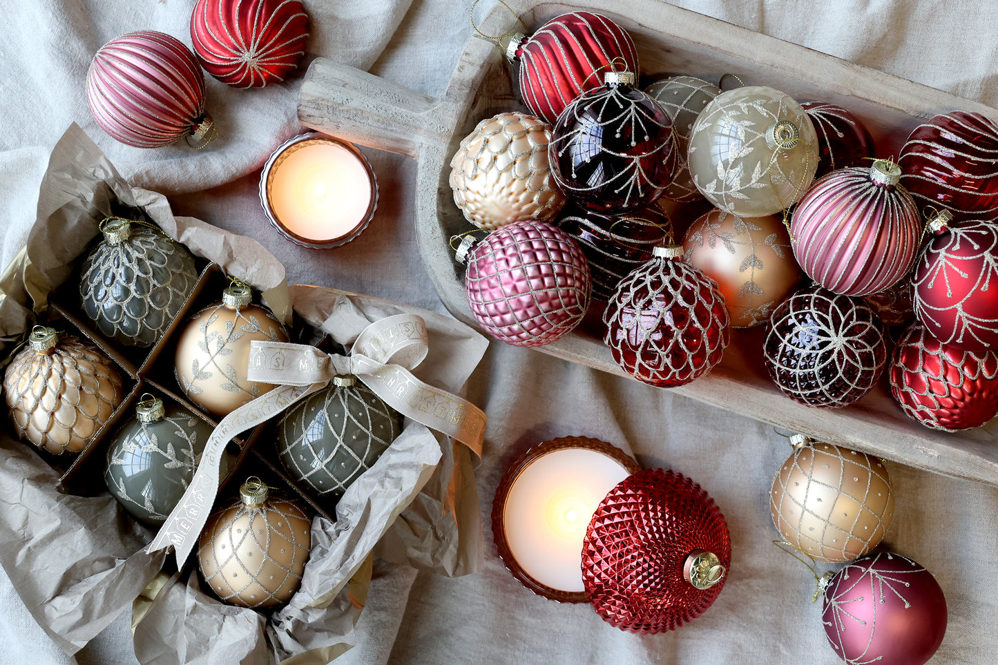 Palline di Natale in vetro, dipinte a mano, ø8 cm, color Champagne, 6 varianti