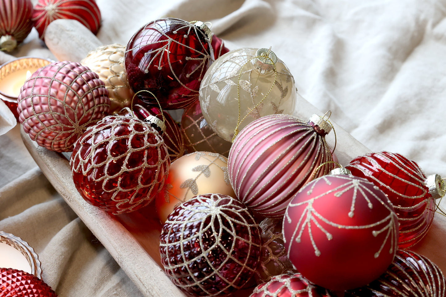 Palline di Natale in vetro dipinte a mano, rosso ciliegia, ø 8 cm, 6 varianti
