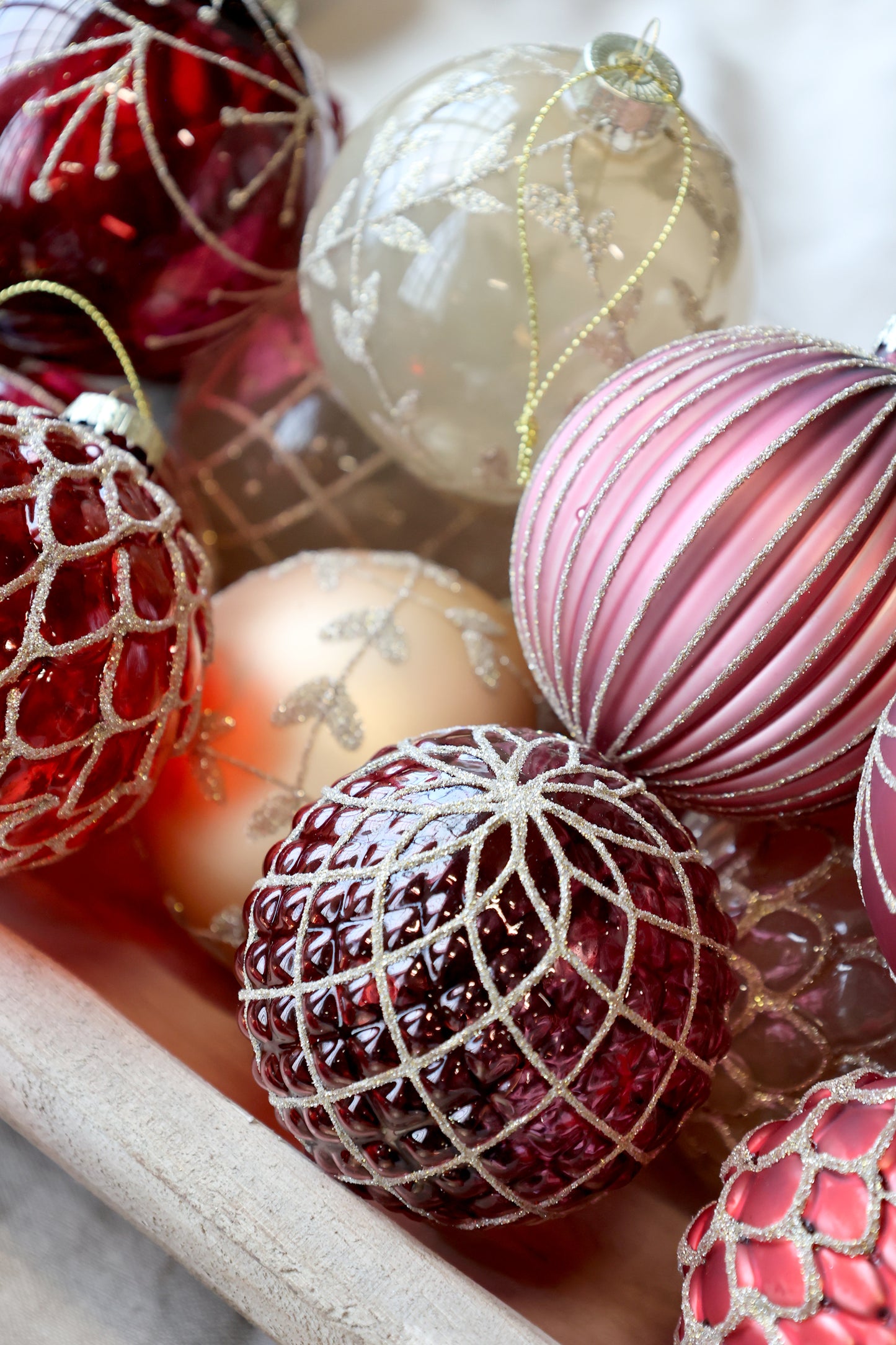 Palline di Natale in vetro dipinte a mano, rosso ciliegia, ø 8 cm, 6 varianti