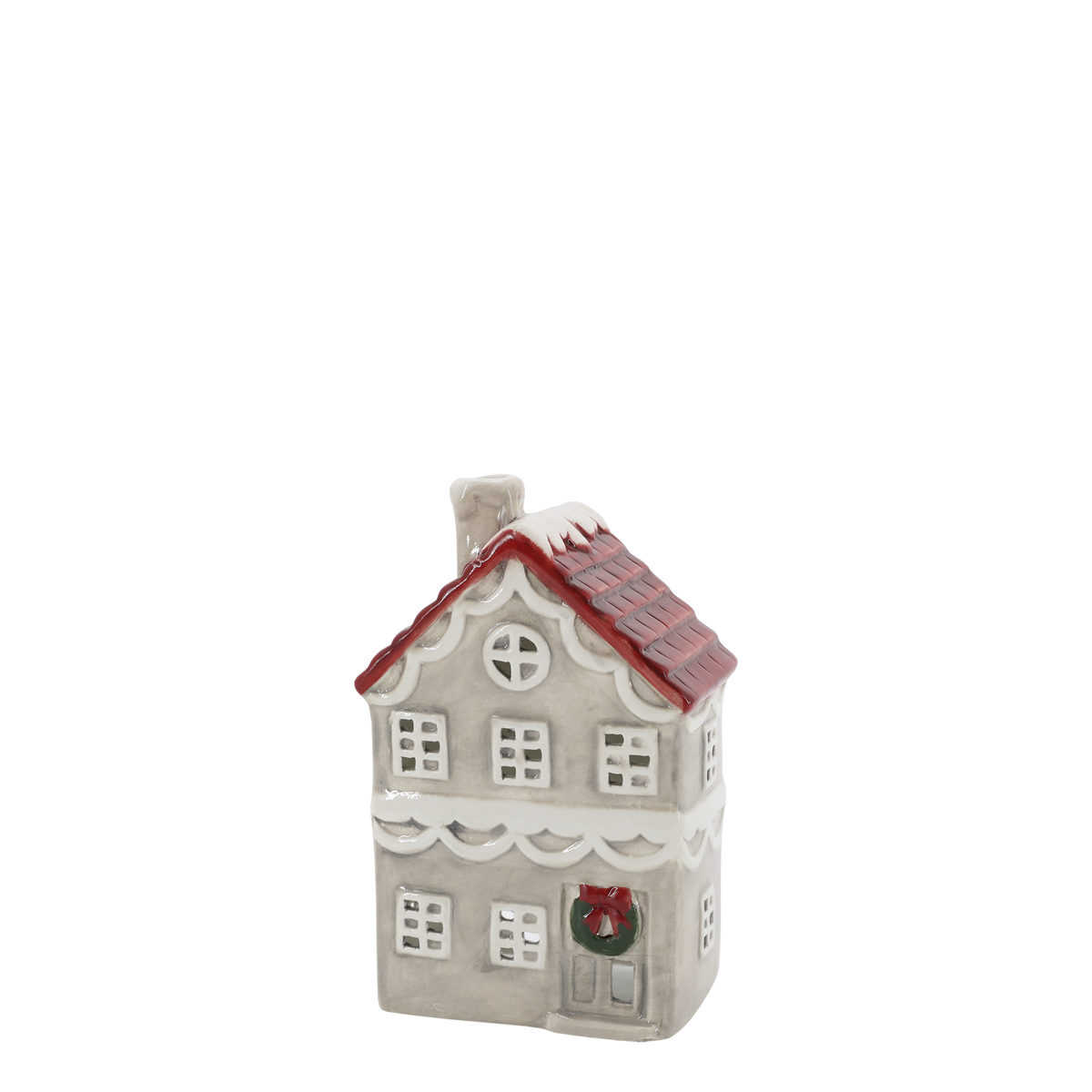 Casetta porta tea light grigia con tetto rosso e ghirlanda, h 16x10,5x7 cm