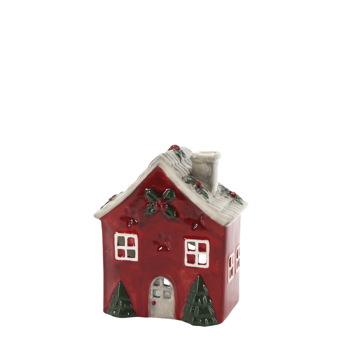 Casetta porta tea light, rossa con tetto bianco, h 16,5x13,5x9 cm