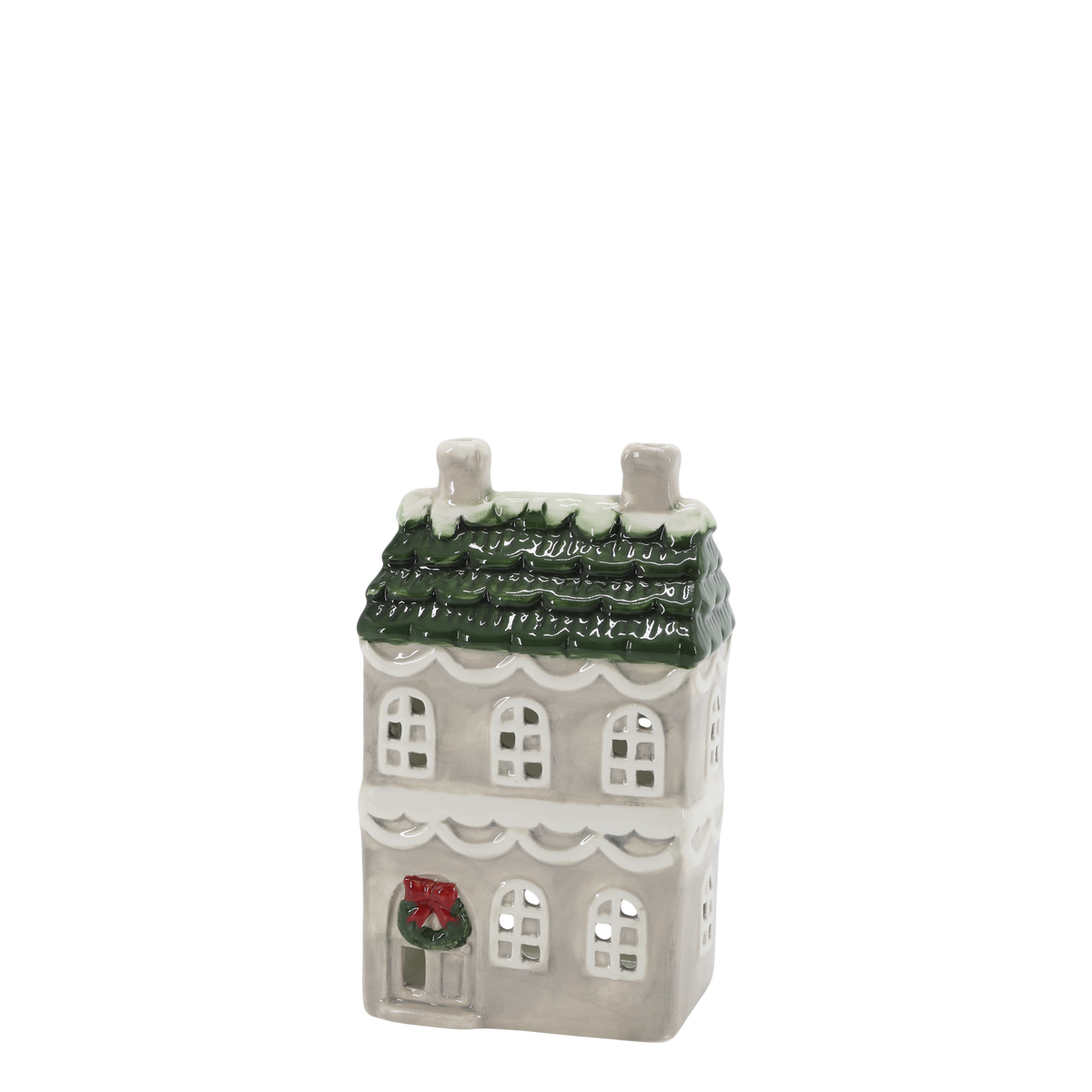 Casetta porta tea light, grigia con tetto verde e ghirlanda,  h 17x10x6,5 cm