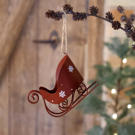 Slitta rossa con fiocco di neve vintage, in metallo,h 8x12x6 cm