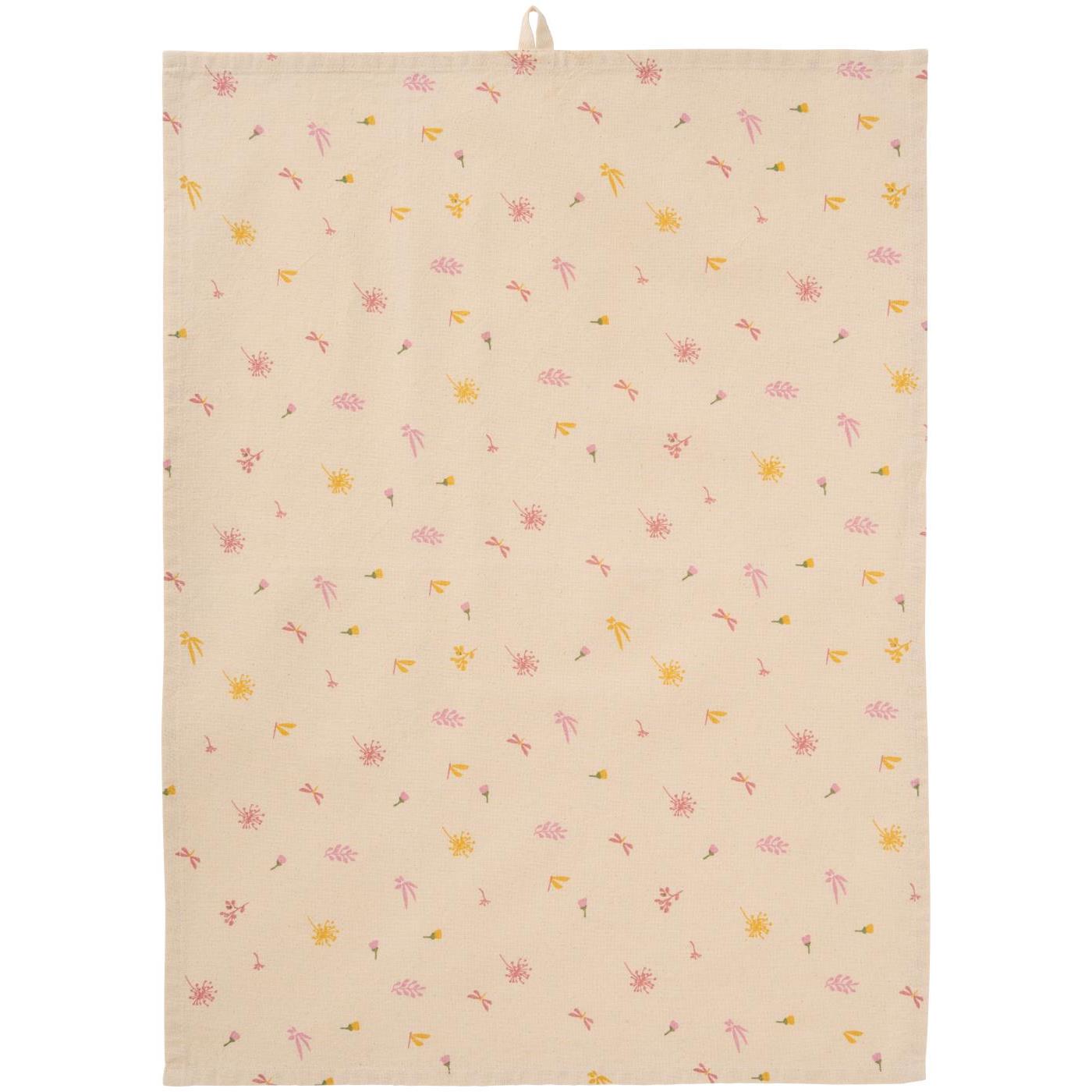 Strofinaccio Ofelia naturale con fiori e farfalle rosa chiaro e gialli, 50x70 cm