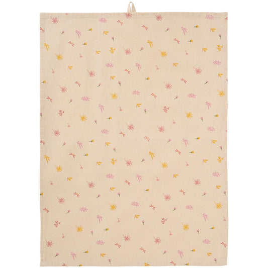 Strofinaccio Ofelia naturale con fiori e farfalle rosa chiaro e gialli, 50x70 cm
