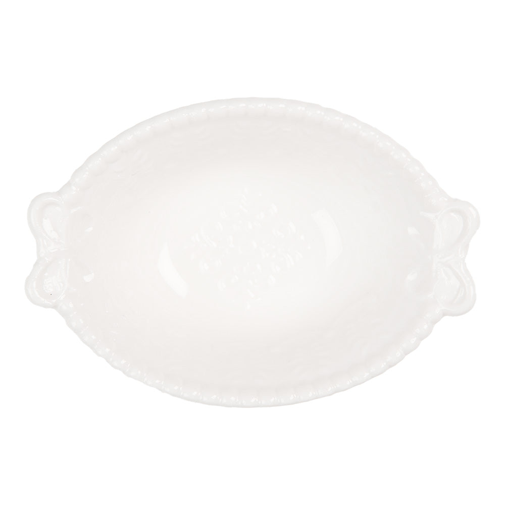 Ciotola bianca in porcellana con manici a forma di fiocco, 25 ml, 9x6x3 cm