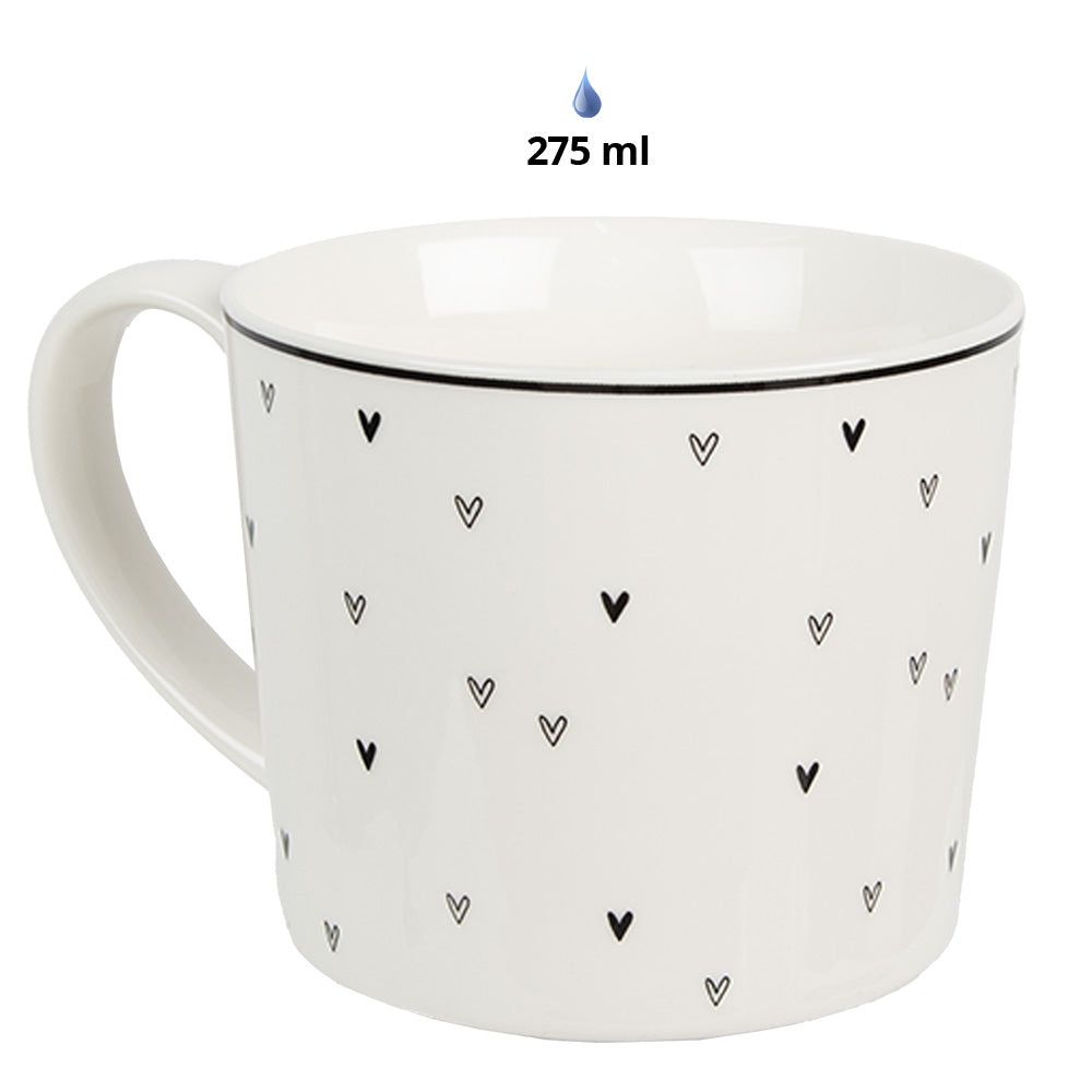 Tazza porcellana bianca con cuoricini neri, 275 ml
