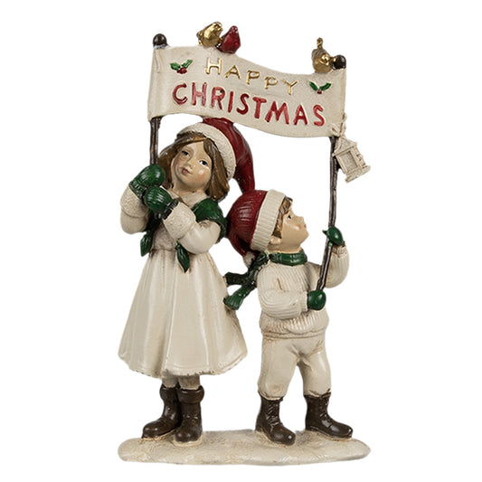 Statua natalizia bimbi beige "Happy Christmas" 23x14x7 cm