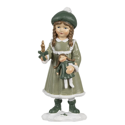 Statua Bambina con abito verde e bambola h 13x5x5 cm