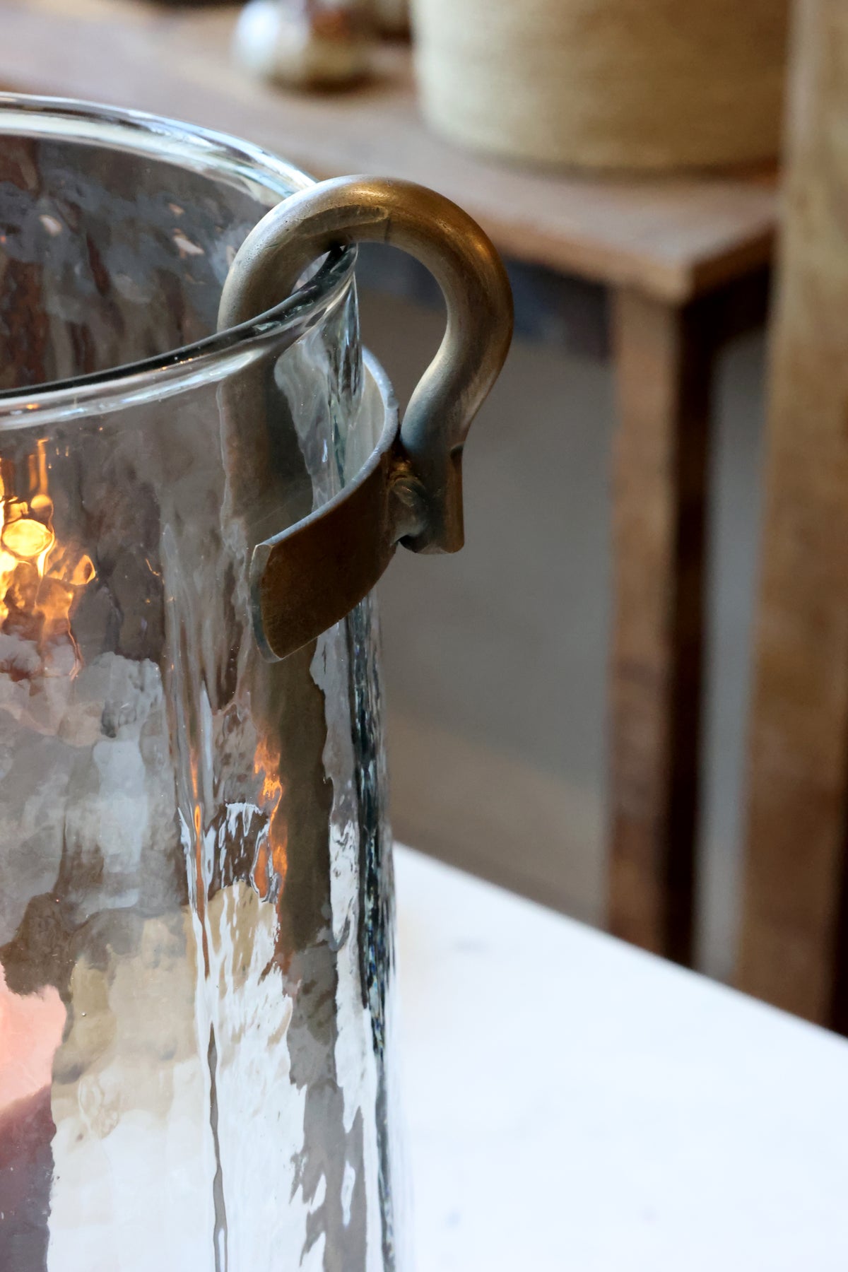 Vaso in vetro con portacandele in ottone, h 36 cm
