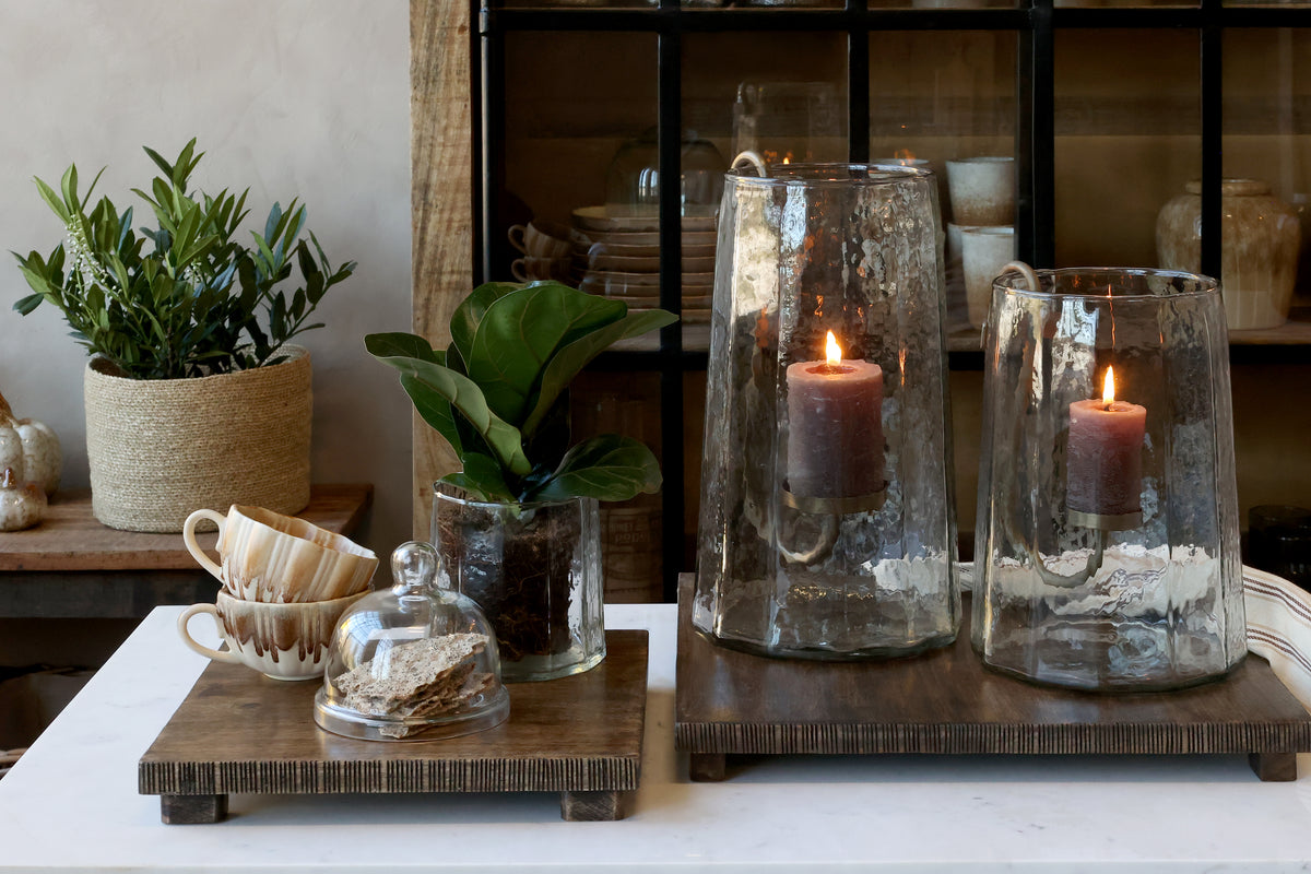 Vaso in vetro con portacandele in ottone, h 36 cm