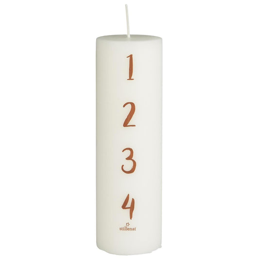 Candela dell'avvento numerata da 1-4 bianca con numeri marroni, h 20 ø 6 cm
