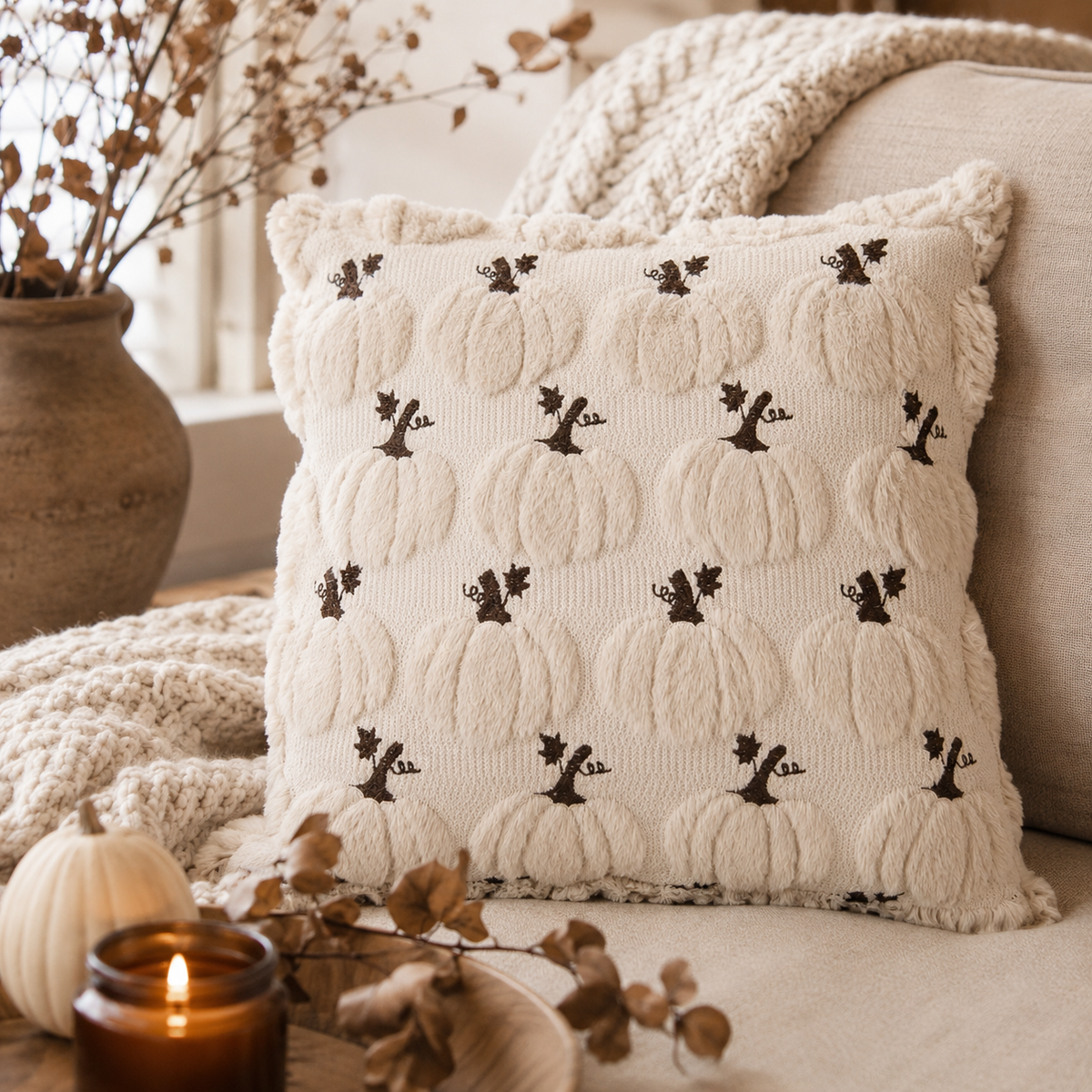 Cuscino imbottito, beige con zucchette, 40x40 cm