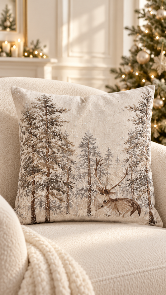 Cuscino bosco con cervo ricamato a mano 45x45 cm