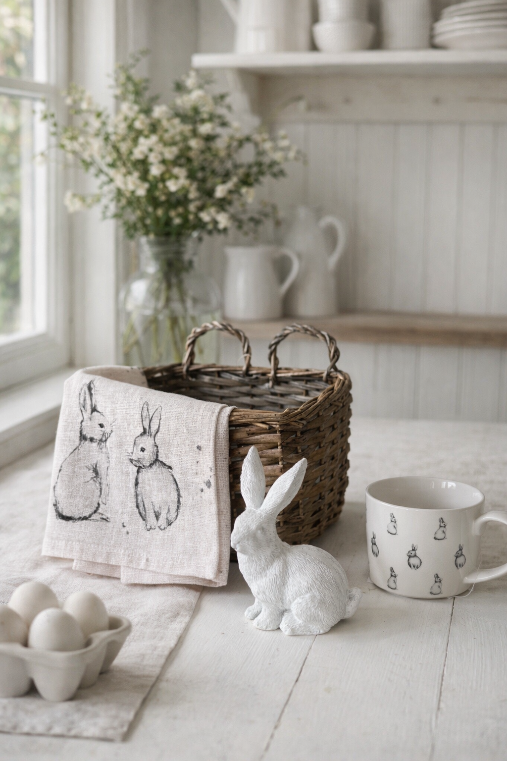Tazza in porcellana bianca con coniglietti grigi, 275 ml