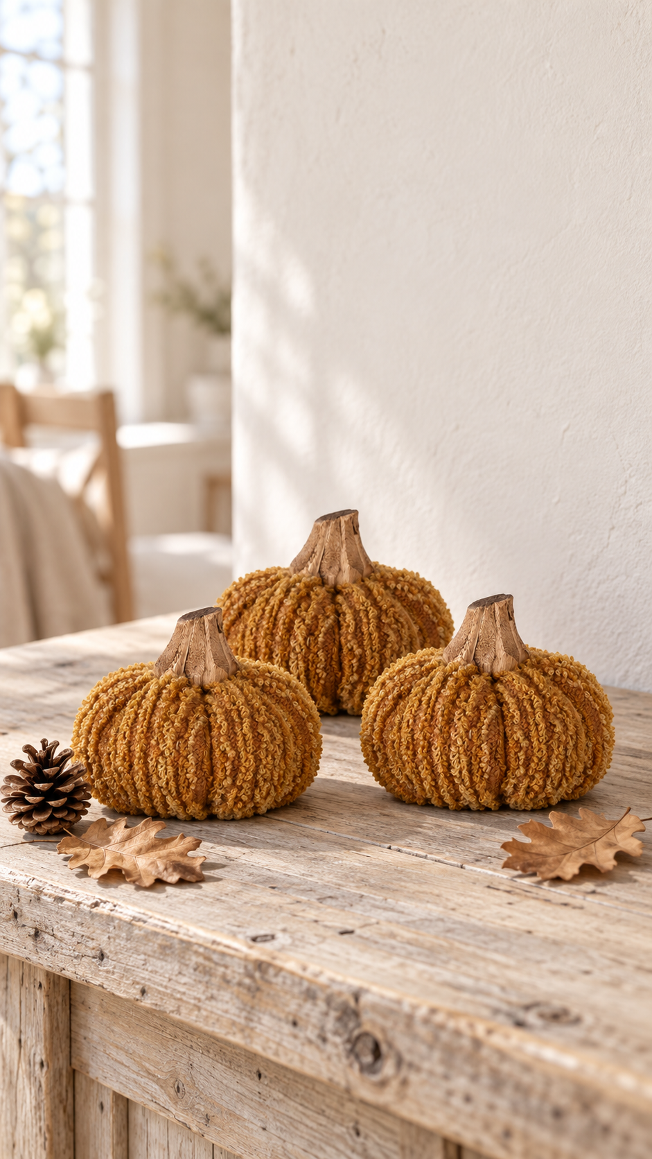 Zucca giallo-arancio in tessuti bucle 9x8 cm con picciolo in legno