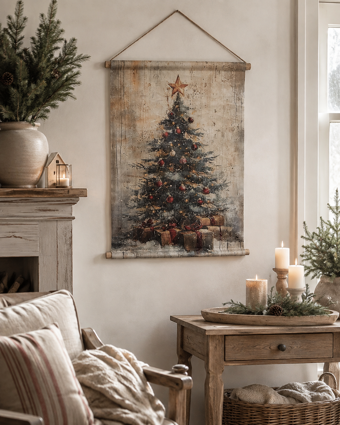 Quadro pergamena da appendere, Albero di Natale vintage ,h 75x55x3 cm