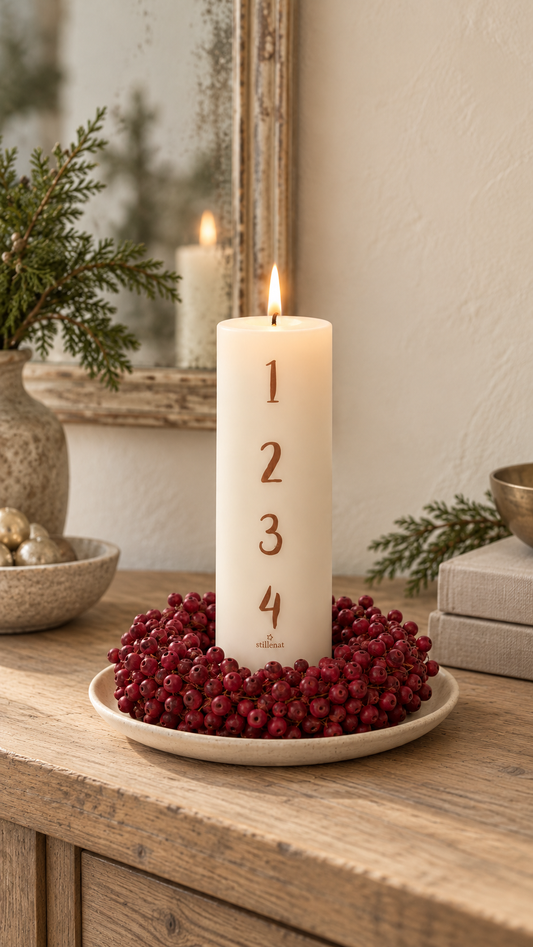 Candela dell'avvento numerata da 1-4 bianca con numeri marroni, h 20 ø 6 cm