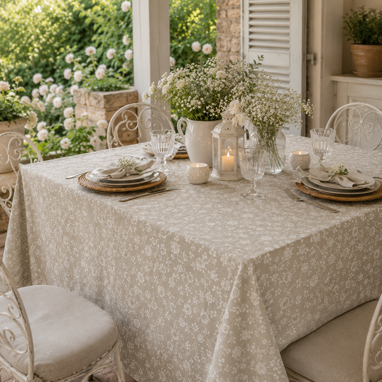 Tovaglia beige con roselline bianche, 6p. 140x180 cm