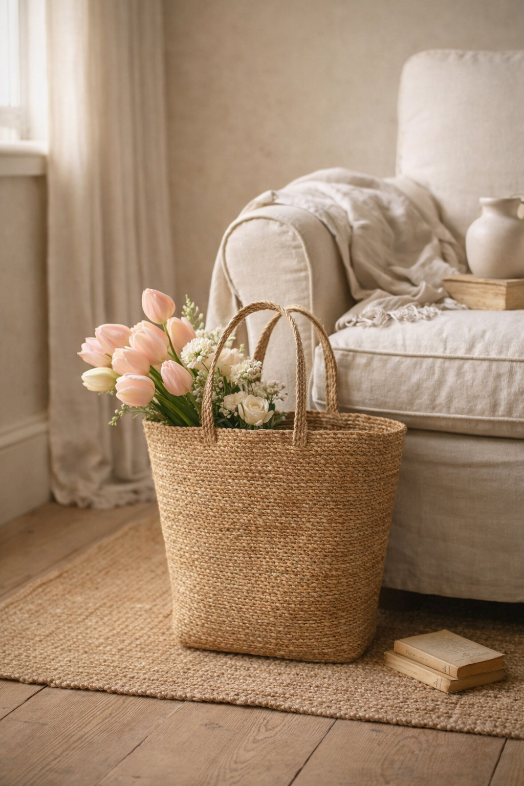 Borsa/cesto con manici lunghi in fibra vegetale (tifa), W 24 H 34 L 37 cm
