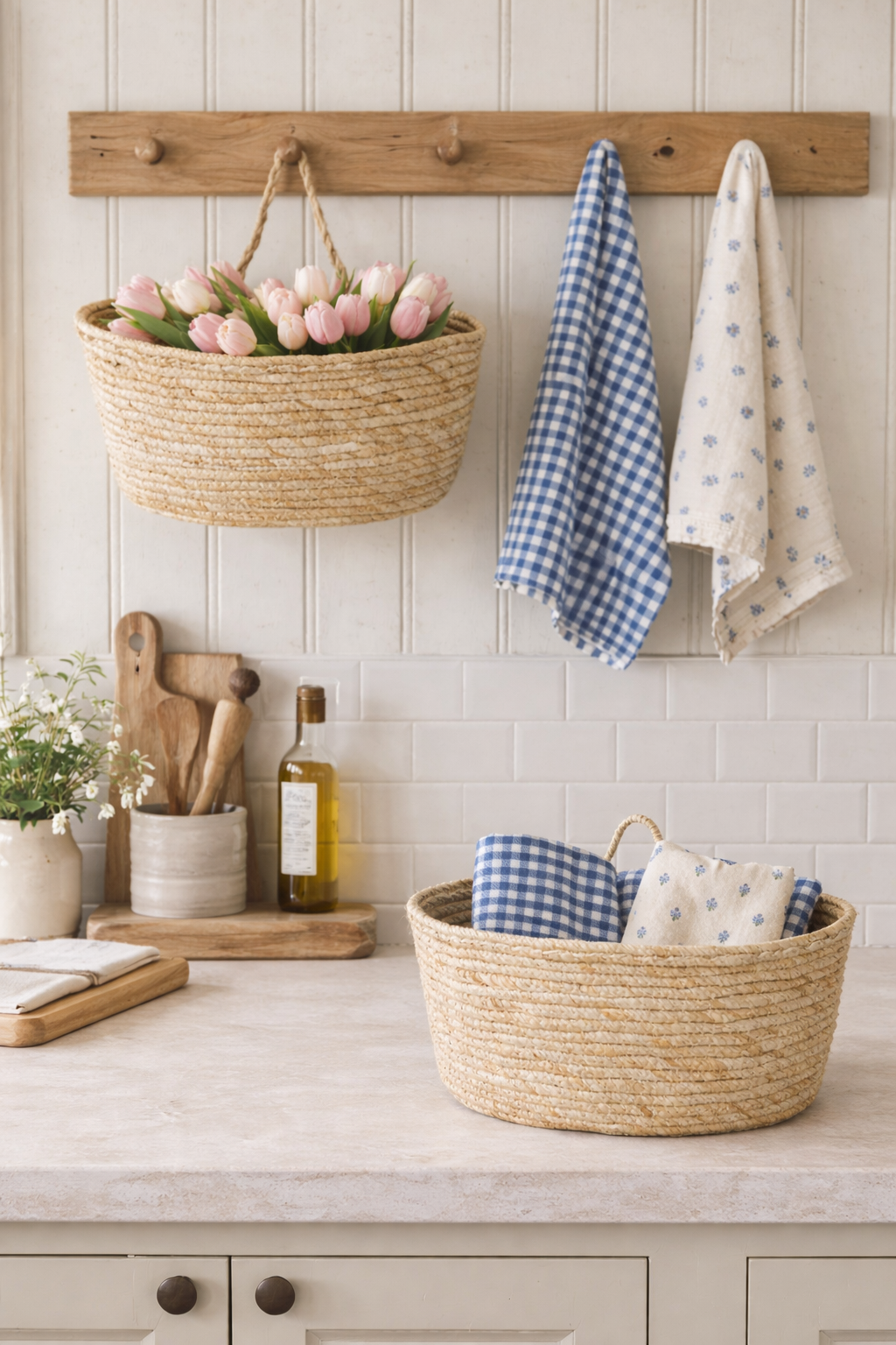 Cestini con un manico, in fibra naturale (mais) set di  2 misure: L: 31 A: 19 P: 22 e L: 28 A: 17 P: 19