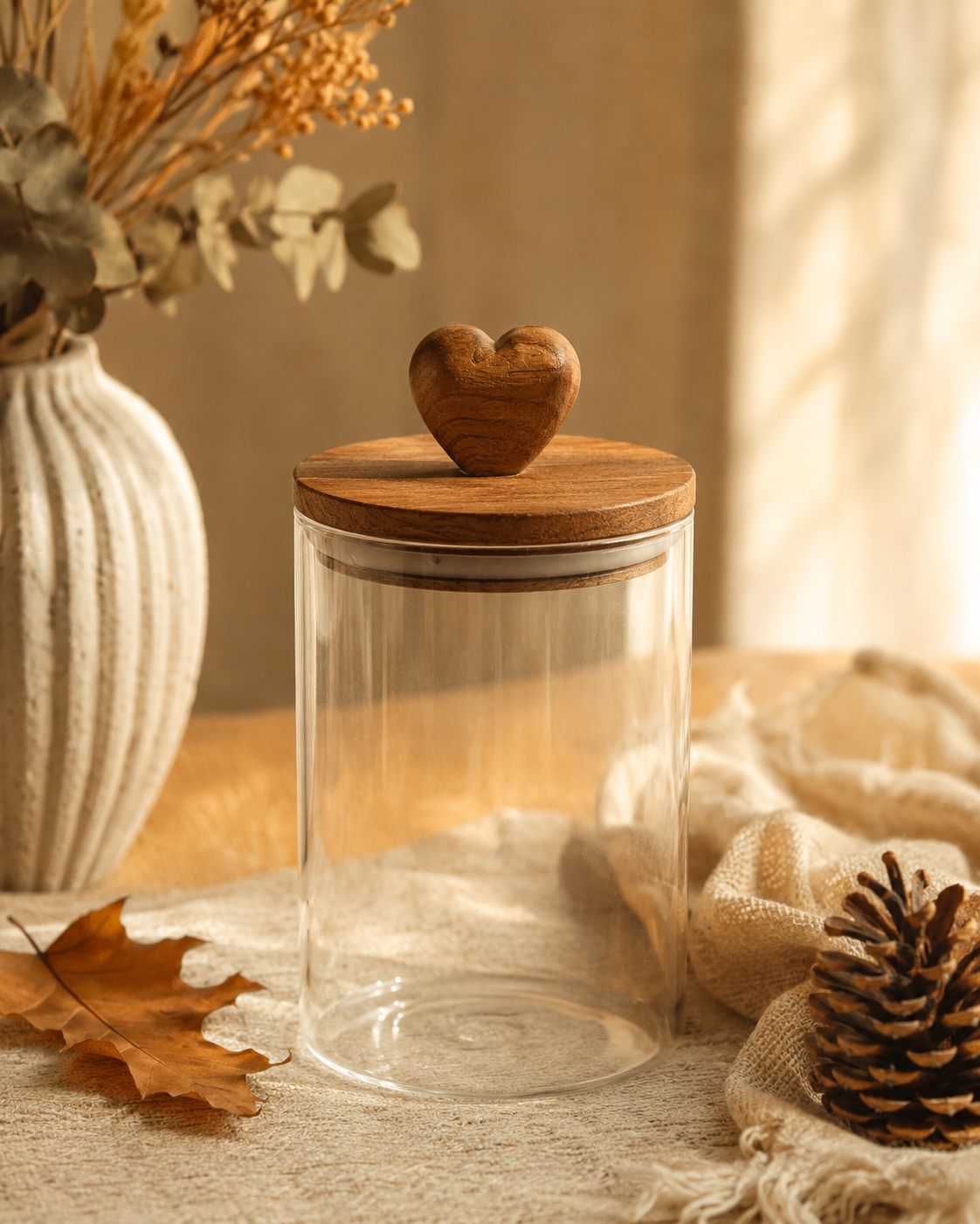 Barattolo in vetro medio con coperchio in legno, 900 ml, 10x10x16,5 cm