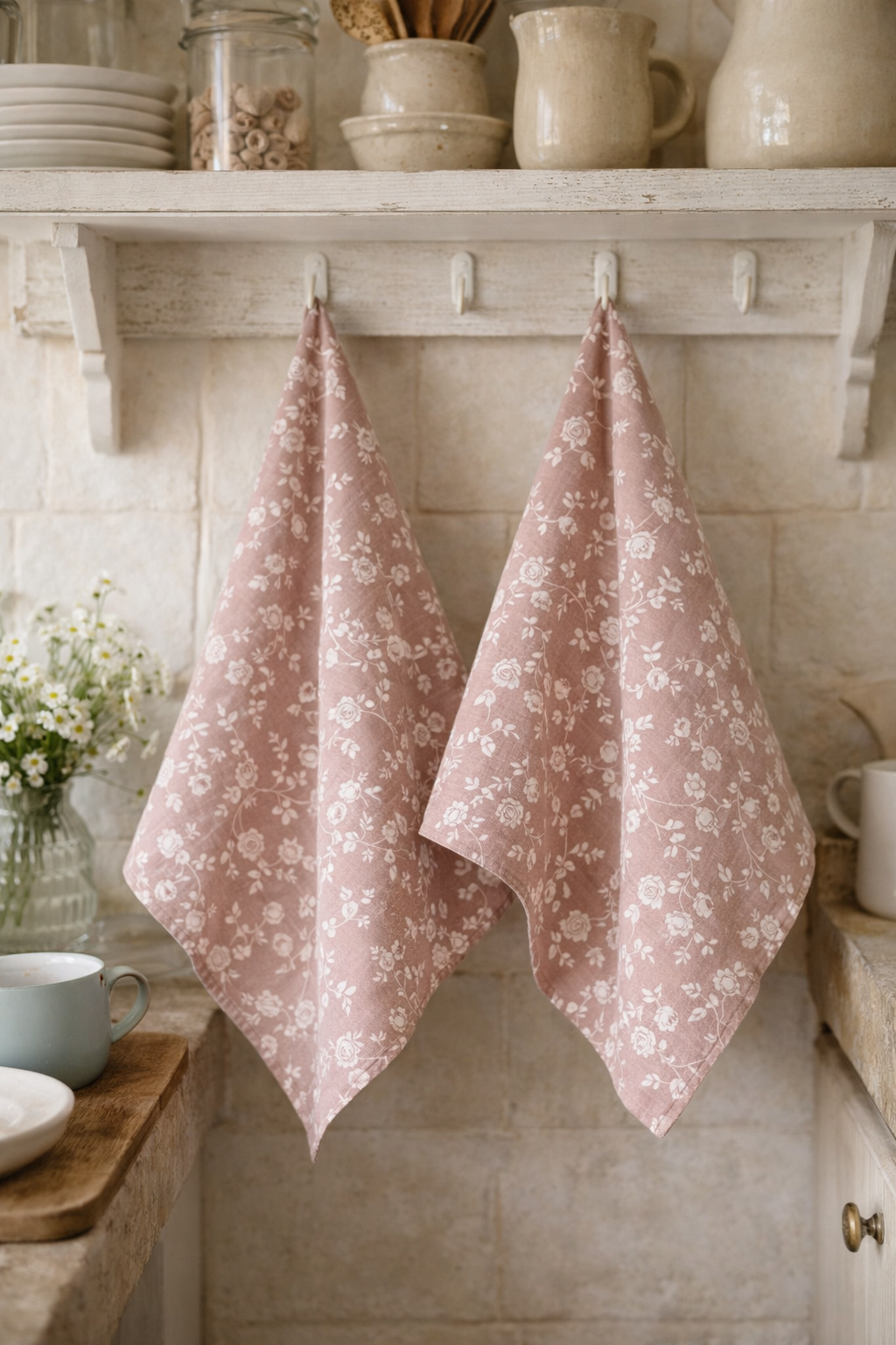 Strofinaccio rosa con roselline bianche 55x80 cm