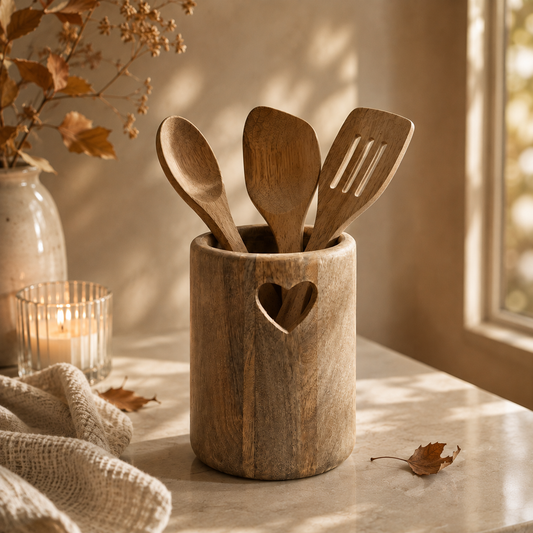 Portautensili Cuore in legno, 14x14x18 cm