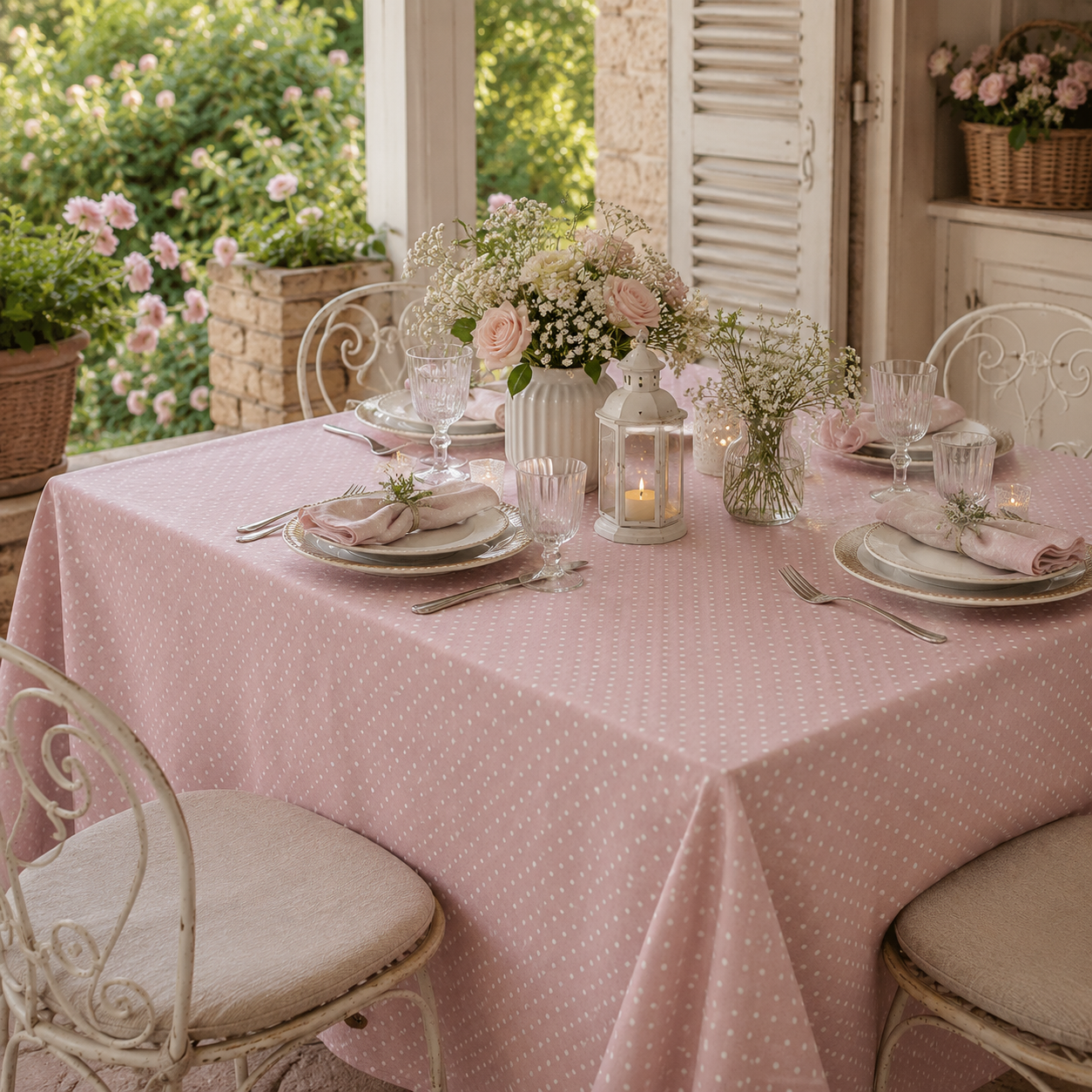 Tovaglia rosa con micro pois bianchi 6 p. 140x180 cm