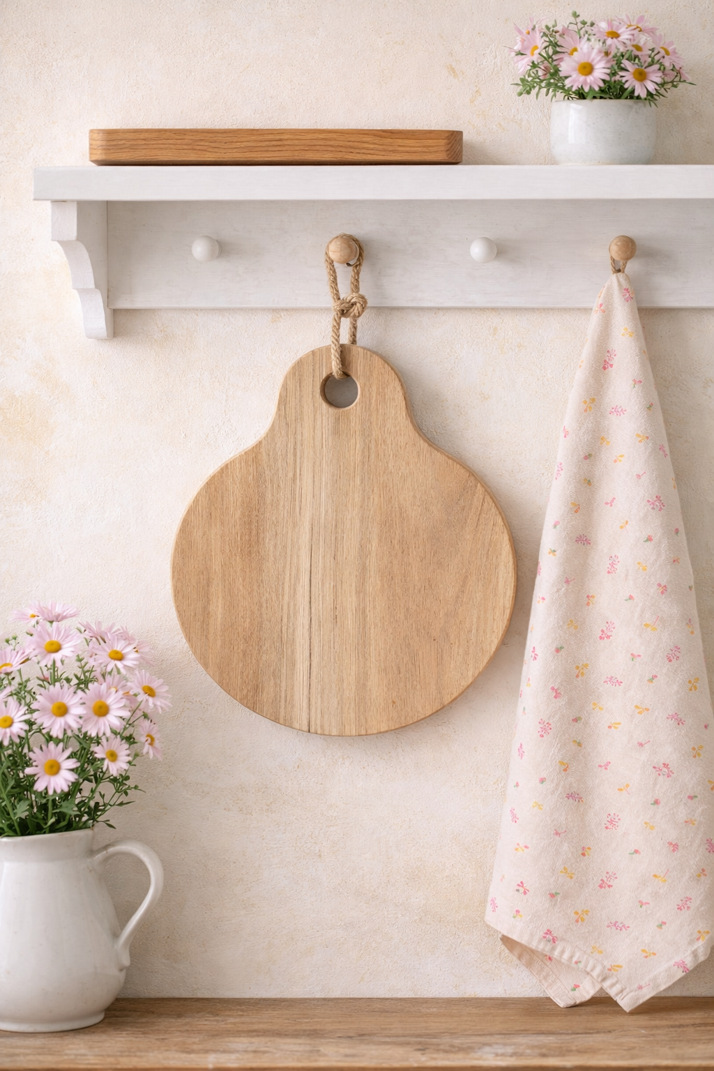 Strofinaccio Ofelia naturale con fiori e farfalle rosa chiaro e gialli, 50x70 cm