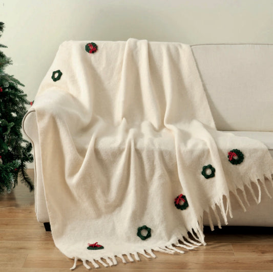 Plaid Ghirlanda color avorio con frange 130x160 cm