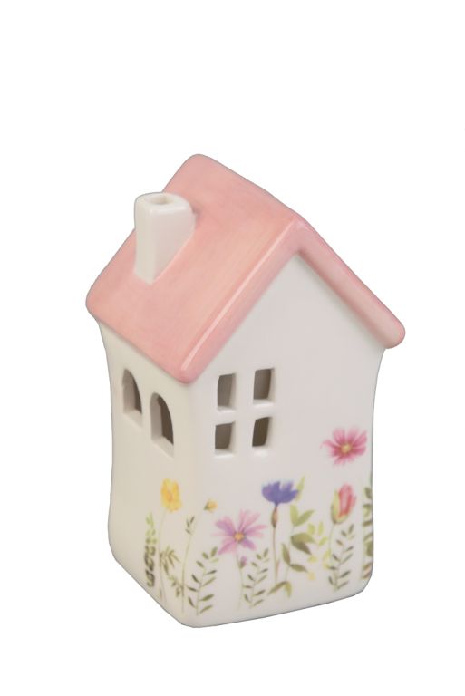 Casetta in porcellana con fiorellini e tetto rosa, con luce led, 6x6x11 cm