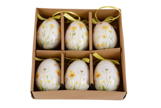 Uova pasquali decorative da appendere, fiori gialli, set di 2 pz, 7x5 cm