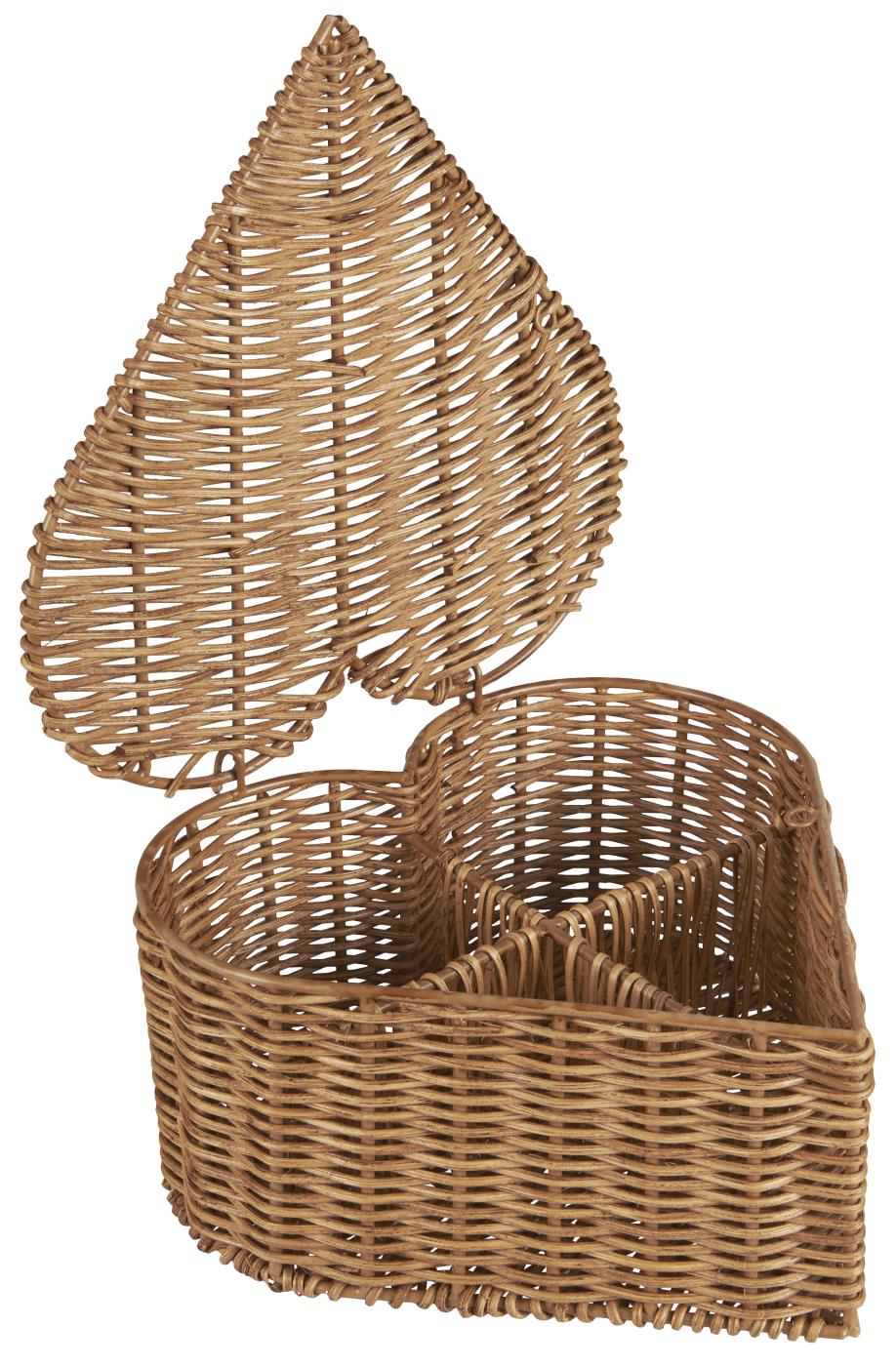 Scatola a forma di cuore in rattan e metallo con 4 scomparti 25x12x25 cm